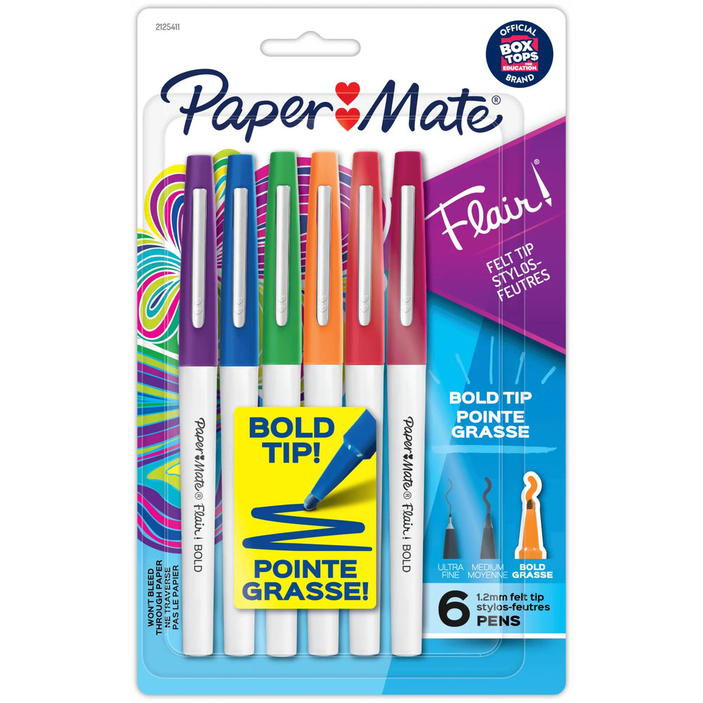 Paper Mate Flair Pens, Felt Tip Pens, Bold Tip (1.2 mm), Assorted Colours, 6 Count
