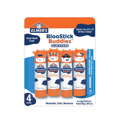 Elmer's BlooStick Buddies Glue Sticks, Disappearing Blue, Anti-Roll Cap, 6g, 4 Count (2213740)
