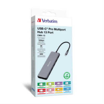 Verbatim CMH-13 USB-C Multiport Hub with USB-C PD x 2, USB-A 3.0 x 3, HDMI x 2, DP, RJ45, Audio (32153)