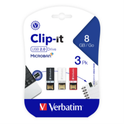 Verbatim 8GB Clip-It USB 3pk Black White Red (98674)