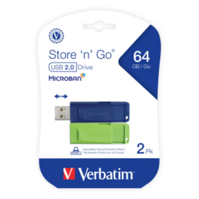 Verbatim 64GB SnG USB 2PK Blue Green Retract (99812)