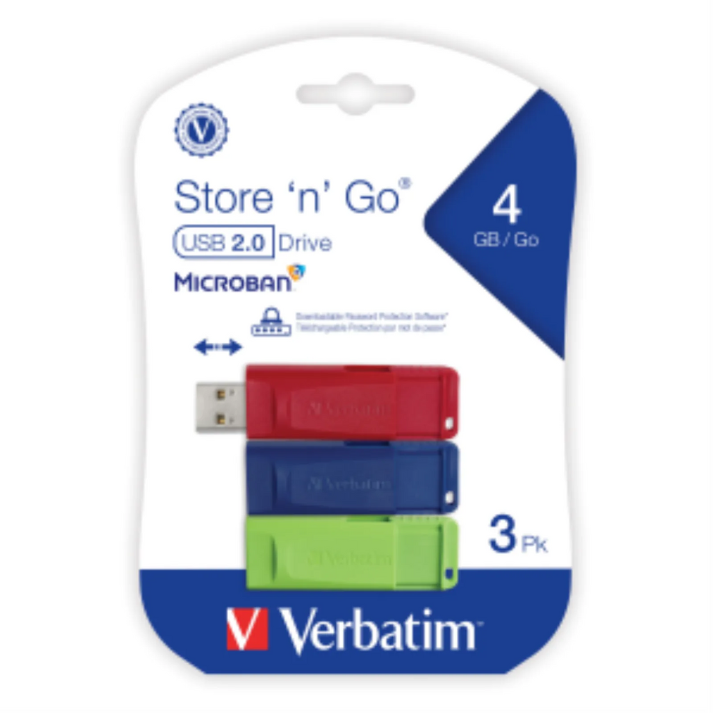 Verbatim 4GB SnG USB Drive 3 Pack Color Ret