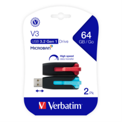 Verbatim 64GB Store 'n' Go V3 USB 3.0 2PK Blue/Red (70899)