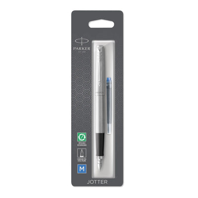 Parker Jotter Fountain Pen, Medium Nib Blue Ink, Stainless Steel with Chrome Trim (2031012)