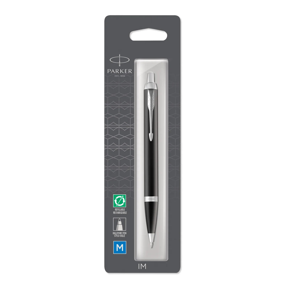 Parker IM Ballpoint Pen, Black Lacquer with Chrome Trim, Medium Point Blue Ink Refill