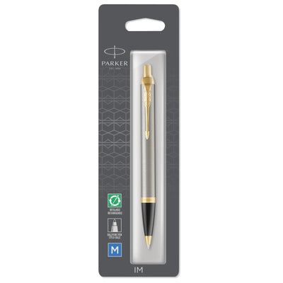 Parker IM Ballpoint Pen Brushed Metal Gold Trim Medium Point Blue Ink (1975559)