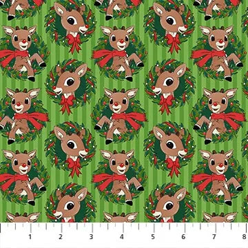 Rudolph the Red Nosed Reideer - Northcott Fabrics - Rudolph Wreath Green - RD1002-73