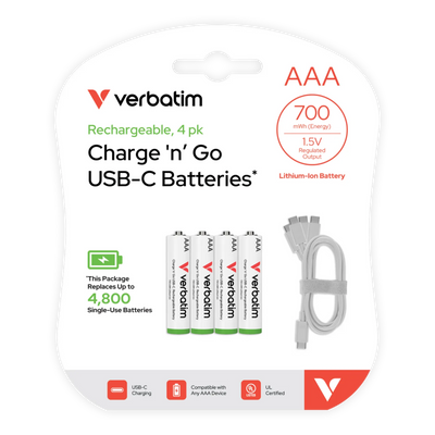 Verbatim Charge 'n' Go USB-C AAA Batteries 4pk (70775)