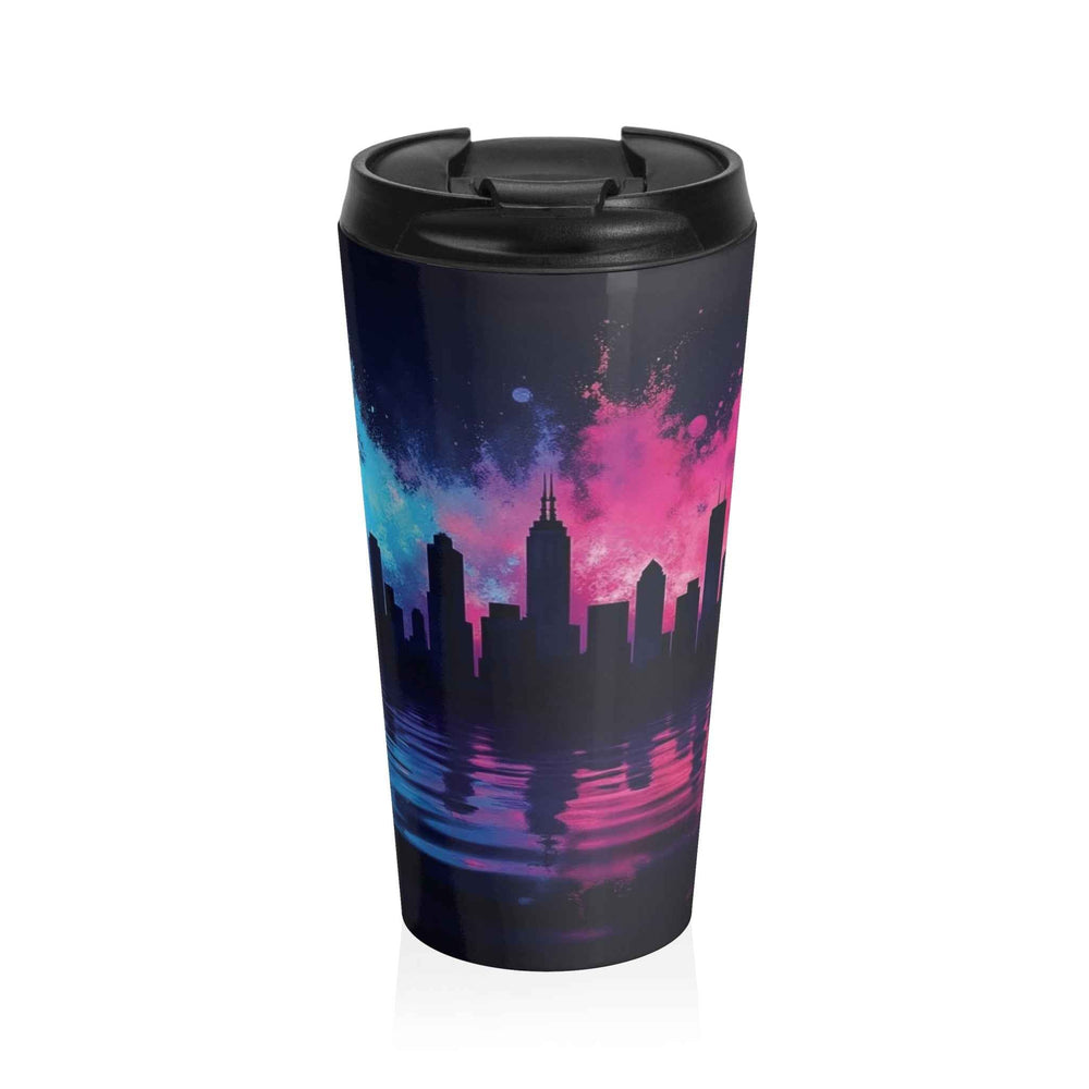 Tasse de voyage en acier inoxydable 'Horizon néon' — Thermos urbain rétro coucher de soleil