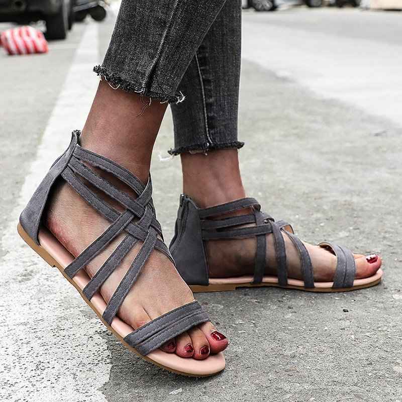 Sandales pour femmes à semelle plate, grande taille, mode creuse, avec fermeture éclair arrière