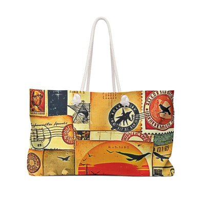 Sac fourre-tout Weekender style « collage voyage » vintage | Timbres-poste, motifs d'avion, grand fourre-tout