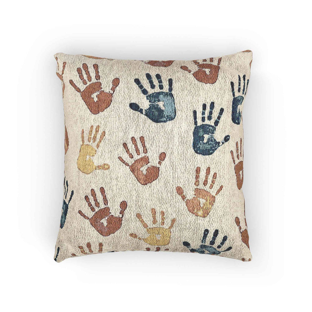 Coussin tissé à motif d'empreintes de mains | Coussin décoratif bohème pour chambre d'enfant