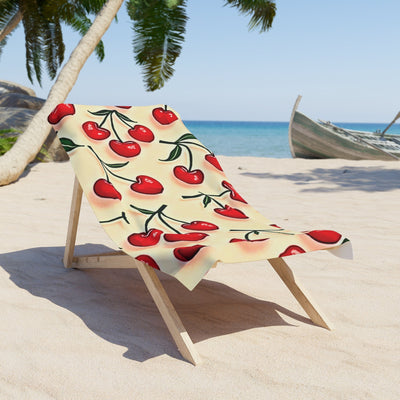 Cherry Pattern Beach Towel — Retro Red Cherries on Cream