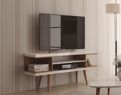 Eureka Meuble TV Moderne 53.14" avec 4 Étagères - Blanc Lustré/Crème Érable