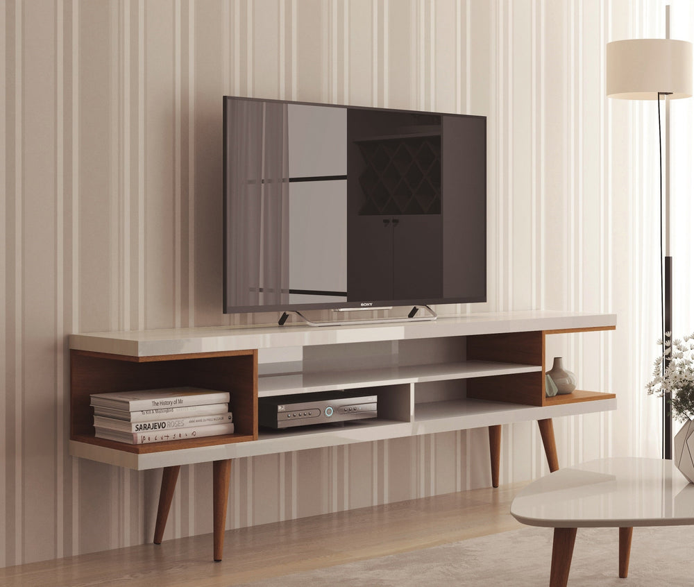 Meuble TV moderne Eureka de 70,47 po avec 4 tablettes - Blanc lustré/Crème érable