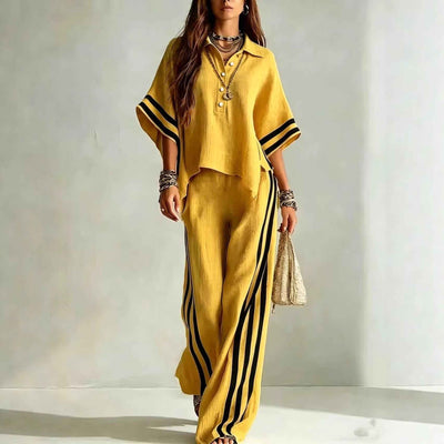 Ensemble deux pièces pour femme : chemise à manches courtes et pantalon ample