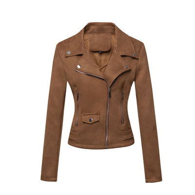 Women’s Slim-Fit Suede Leather Jacket – Short Commuter Motorcycle-Style Outerwear