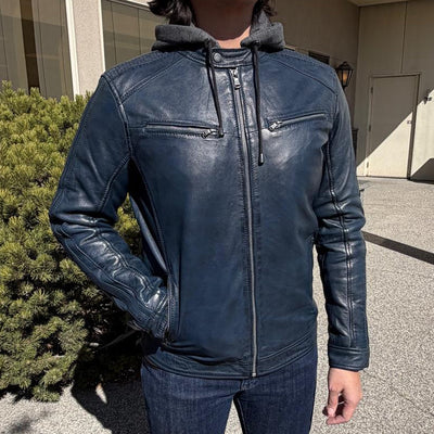 Blouson en cuir à capuche pour homme. Blouson en cuir de mouton avec capuche amovible