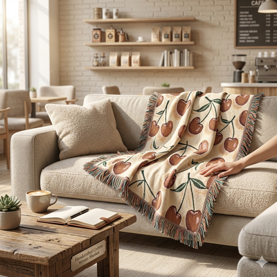 Cherry Pattern Woven Blanket — Retro Fruit Throw for Living Room & Bedroom
