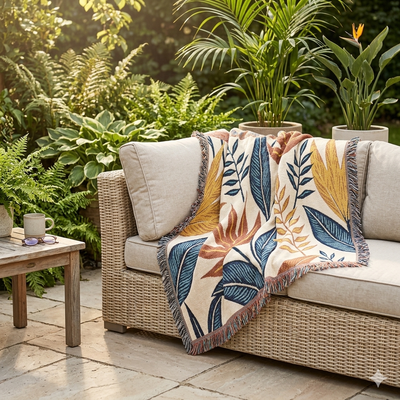 Couverture tissée à motif de feuilles tropicales — Jeté botanique bohème pour canapé et lit