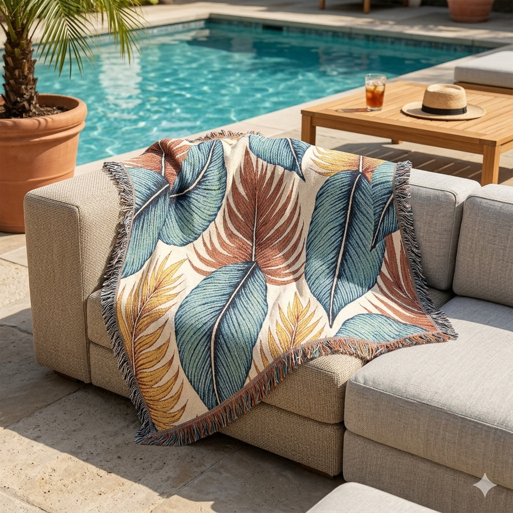 Tropical Leaf Woven Blanket — Boho Coastal Throw for Living Room & Patio