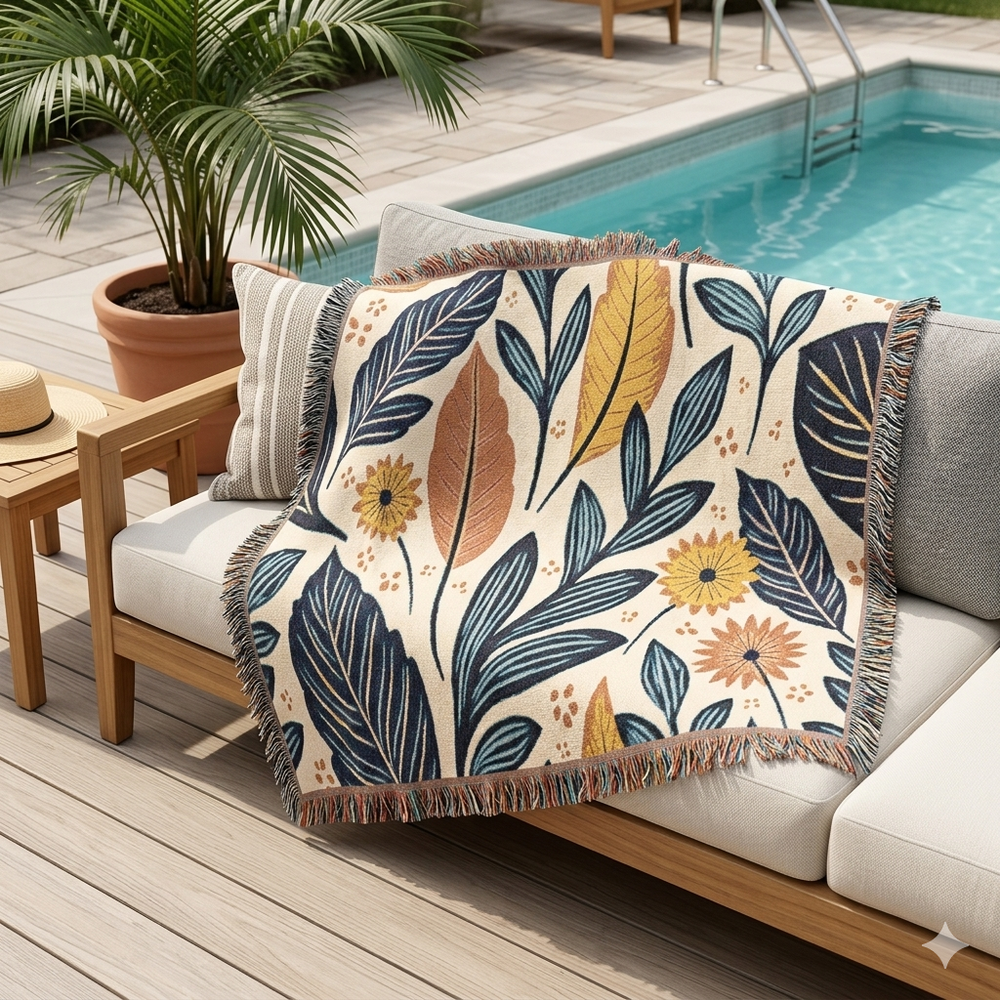 Botanical Leaves Woven Blanket — Reversible Floral Throw for Living Room & Bedroom