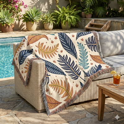 Tropical Leaf Woven Blanket — Boho Botanical Throw for Living Room, Bed, or Outdoor Picnics