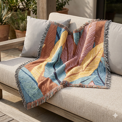 Jeté tissé à motif de feuilles tropicales — Style bohème pour salon, chambre et patio
