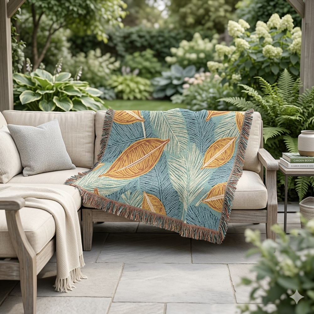 Tropical Leaf Woven Blanket — Cozy Decorative Throw for Living Room & Patio