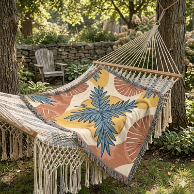 Couverture tissée motif palmiers tropicaux — Jeté style bohème avec imprimé plage pour salon et patio
