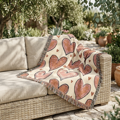 Woven Throw Blanket — Hand-Drawn Heart Pattern, Cozy Valentine’s Decor