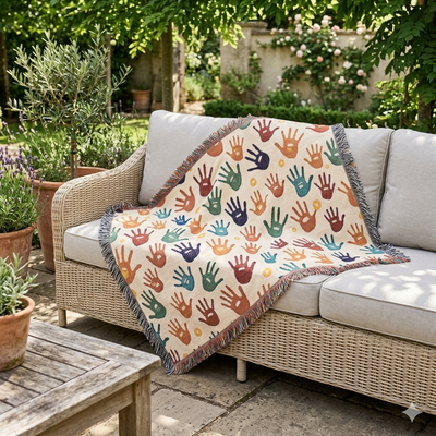 Handprint Pattern Woven Blanket – Colorful Boho Throw for Kids & Home Décor