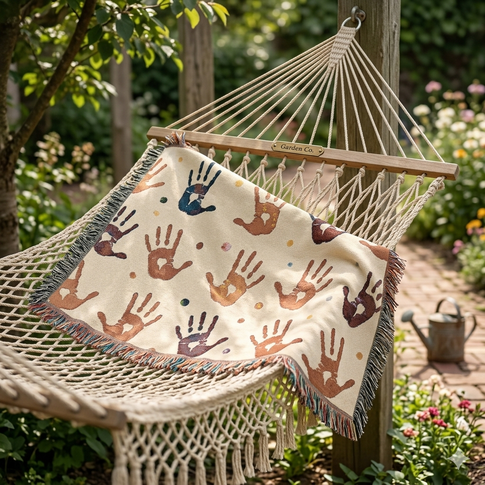 Handprint Woven Blanket — Cozy Decorative Throw with Playful Handprint Pattern