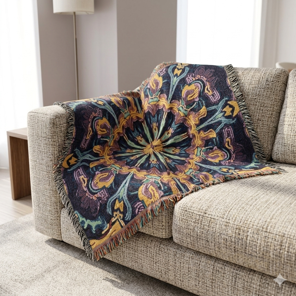 Jeté tissé Mosaïque Bohème — Jeté Médaillon Carreaux Vintage