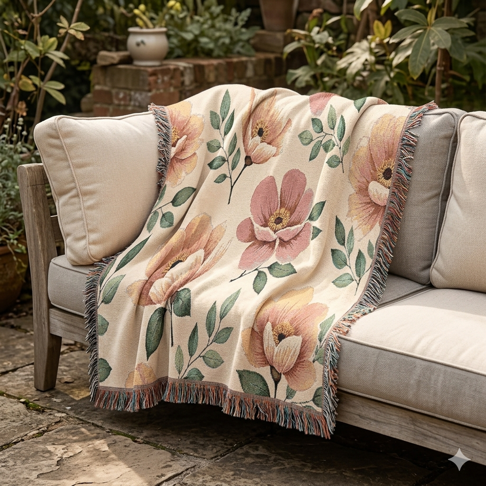 Floral Woven Blanket — Vintage Botanical Throw Blanket