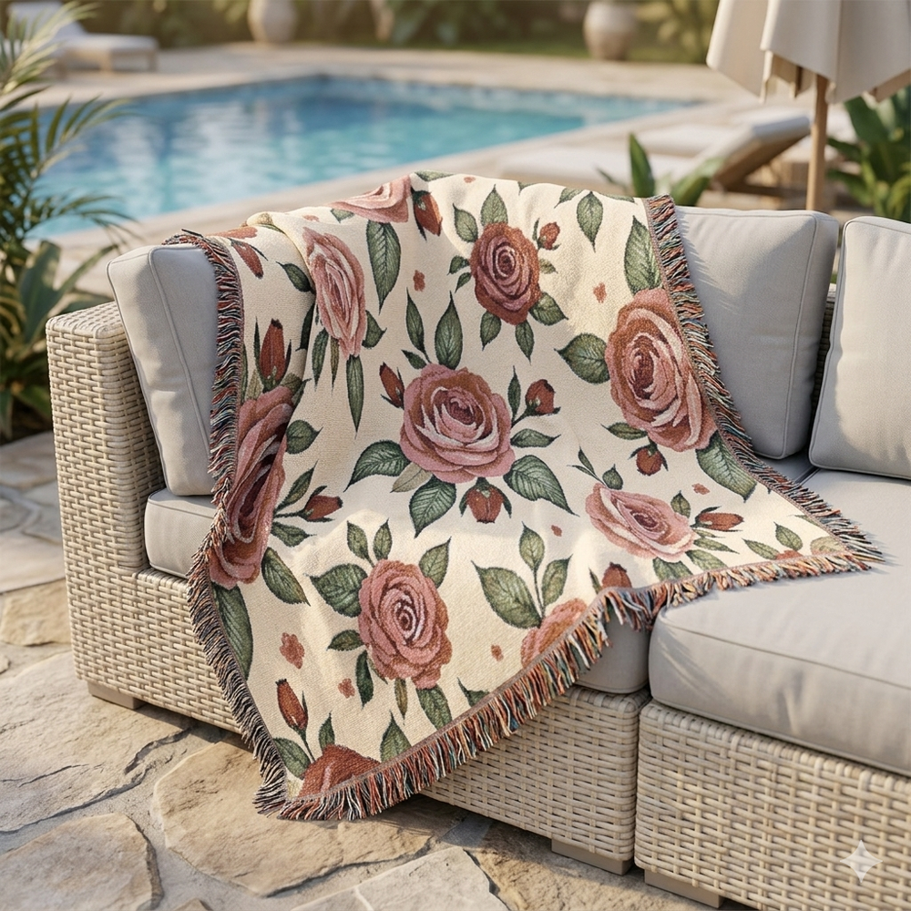 Floral Woven Blanket — Vintage Rose Throw for Living Room & Bedroom