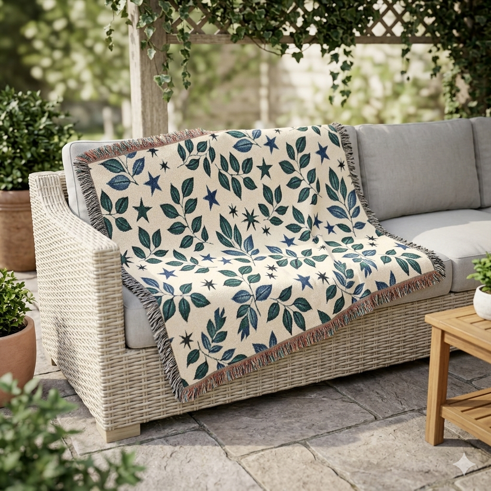 Botanical Star Woven Blanket — Reversible Leaf & Star Pattern Throw