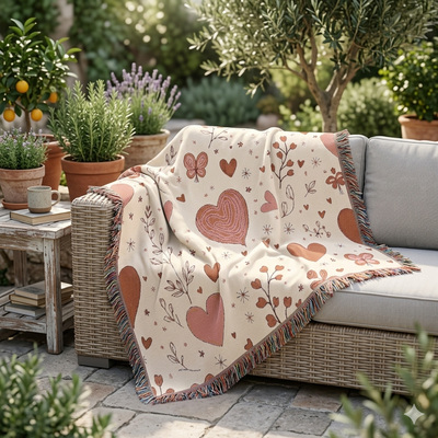 Heart Pattern Woven Blanket — Boho Floral Throw for Cozy Living & Valentine Gifts