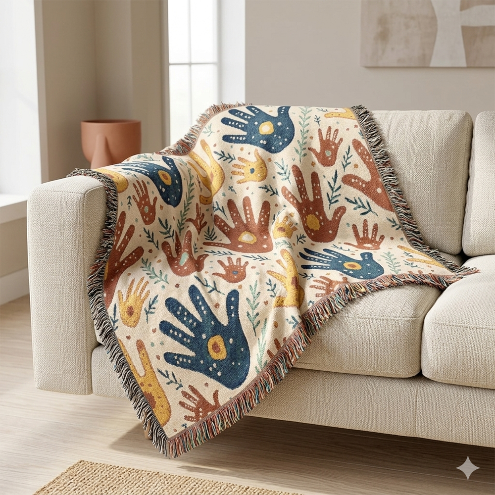 Handprint Pattern Woven Blanket — Boho Tribal Throw for Living Room, Nursery, or Gift