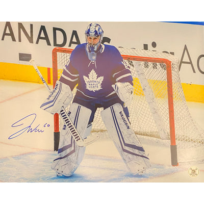 Photo de Joseph Woll autographiée des Maple Leafs de Toronto en position de gardien de but, 11x14 po