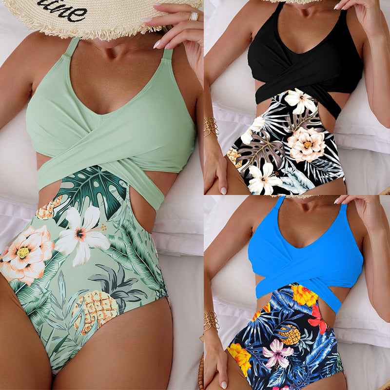 Maillot de bain une pièce imprimé avec découpes et liens à nouer