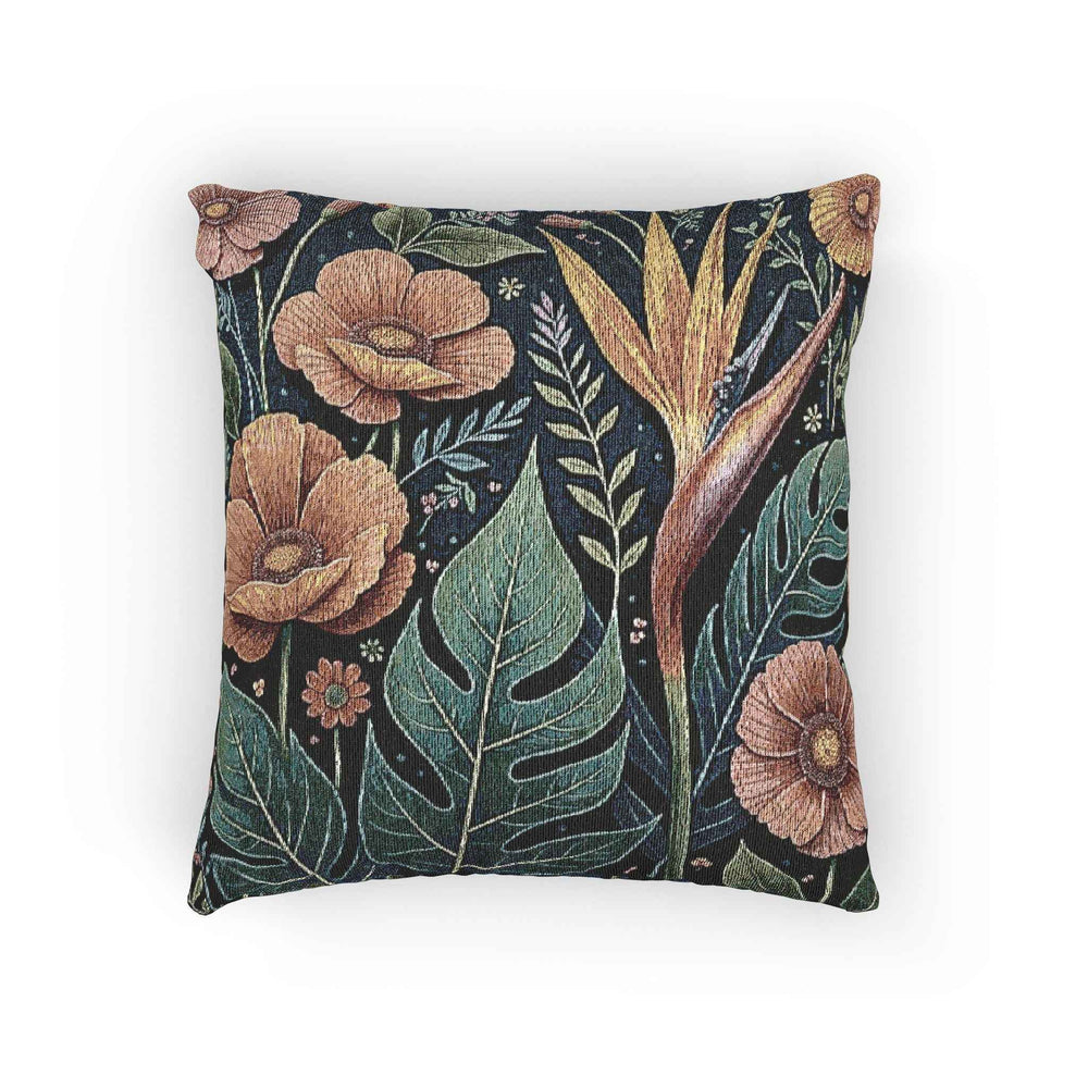 Tropical Floral tapestry pillow | woven botanical throw pillow, vintage jungle design
