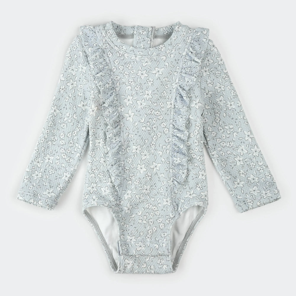 Maillot de bain une pièce à manches longues | Imprimé fleurs vintage sur bleu poudré | Petit Lem