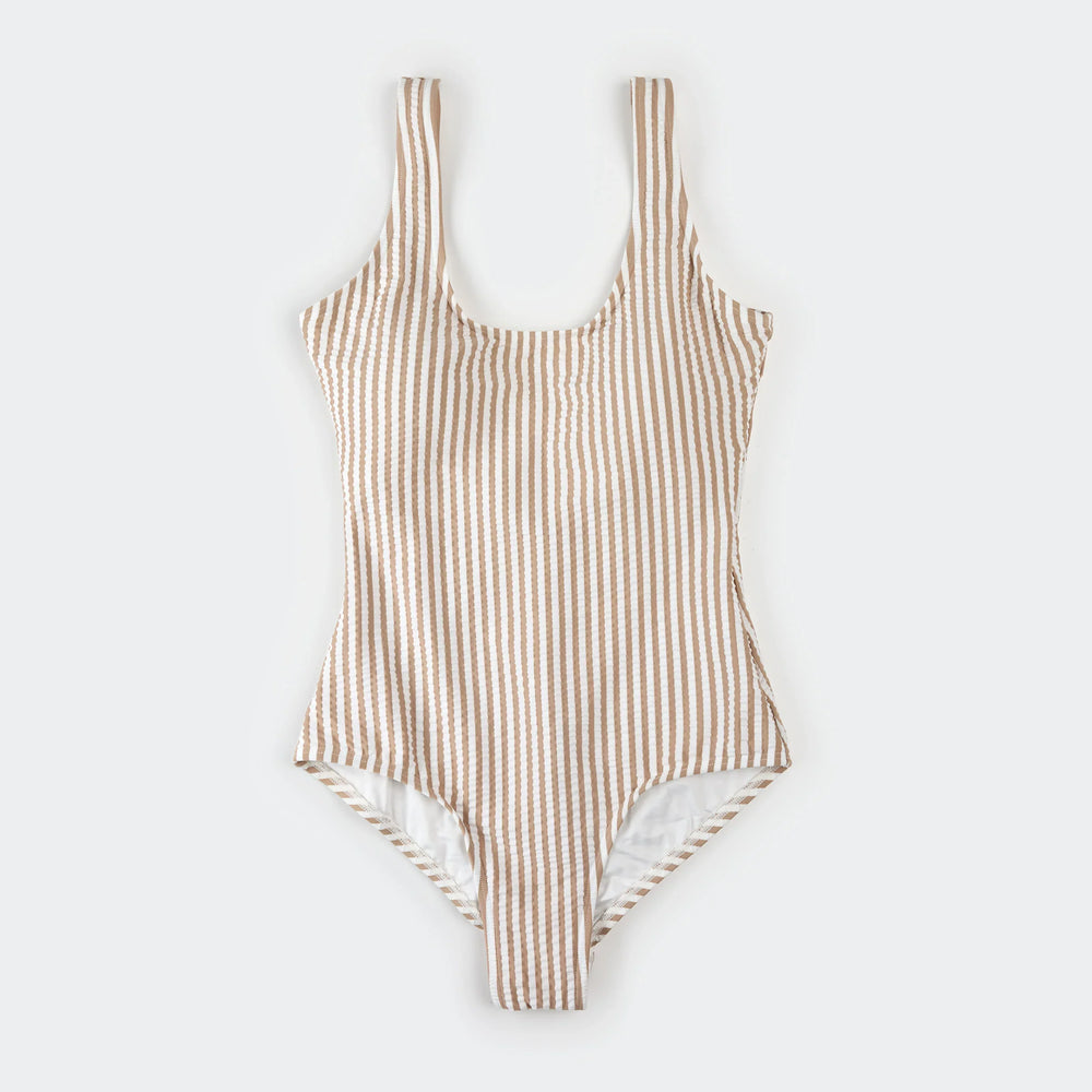 Maillot de bain une pièce pour femme | Seersucker à rayures taupe | Petit Lem