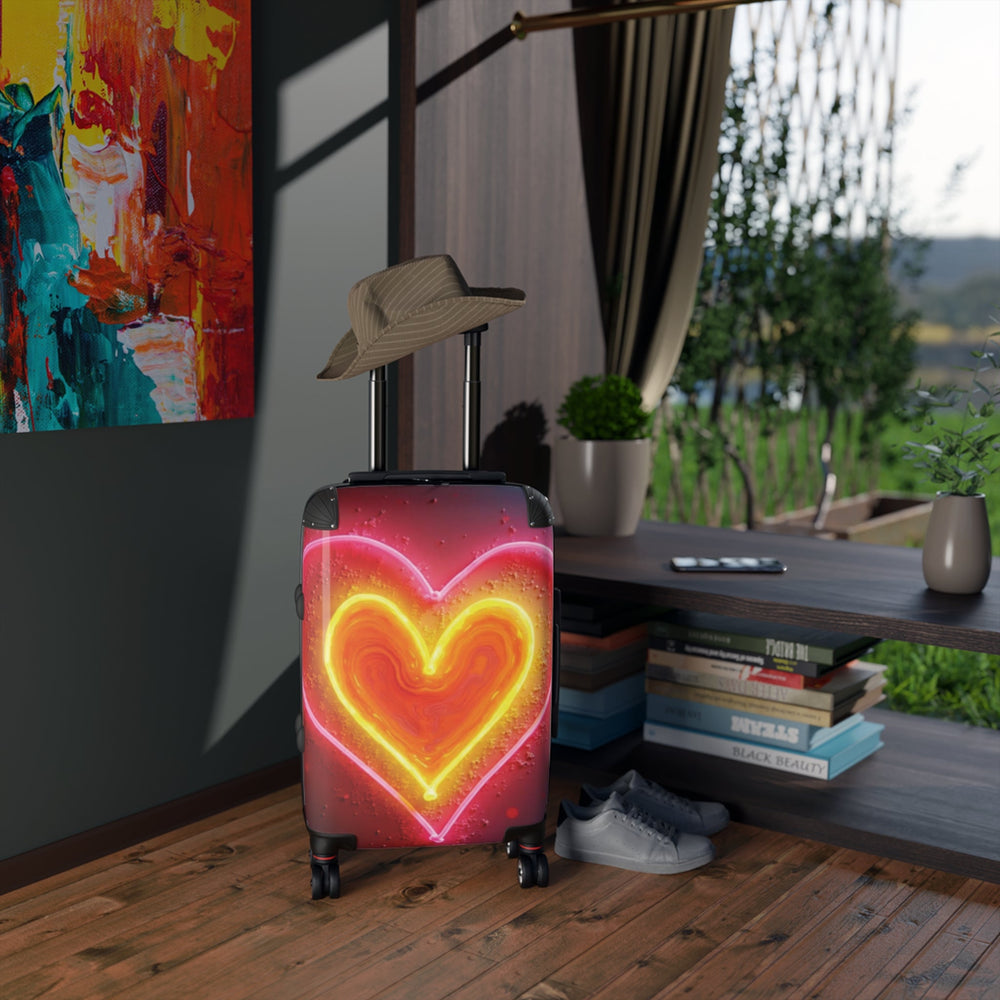 Neon Heart Suitcase - Bright Pink & Yellow LED-Look Carry-On Travel Luggage