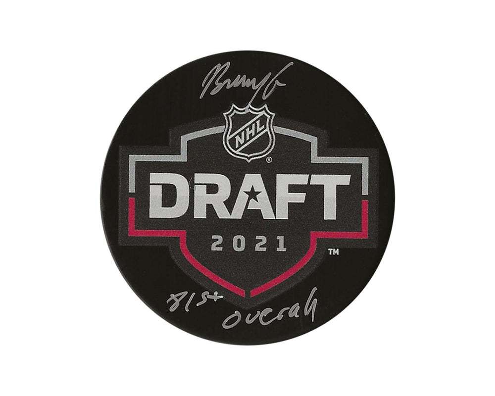 Palet de hockey 2021 LNH autographié par Ben Gaudreau avec l'inscription « 81e au total »