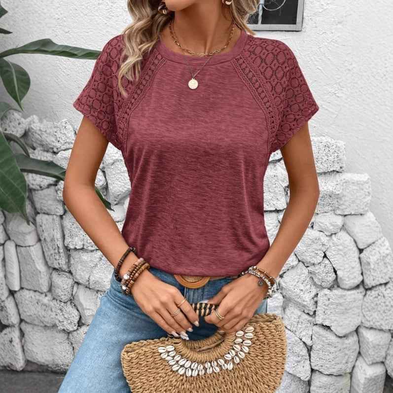 Women's Top Lace Patchwork Round Neck T-shirt
