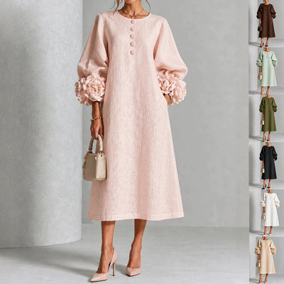 Robe trapèze pour femmes à fleurs 3D – Robe de soirée et de mariage style français à manches bouffantes