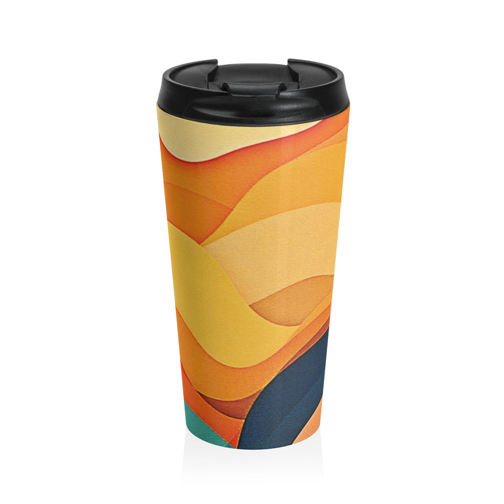 Tasse de voyage en acier inoxydable Vagues au crépuscule — Design rétro abstrait orange et jaune