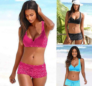 Women's European And American Printed Split Four Corners Zipper Bikini Swimsuit